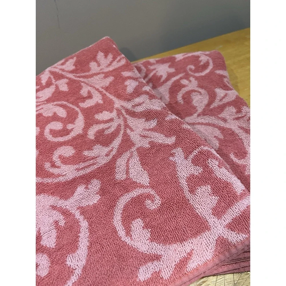 Vtg Royal Velvet JCPenney Pink Jacquard Bath Towel Set Paisley Design Hand Towel